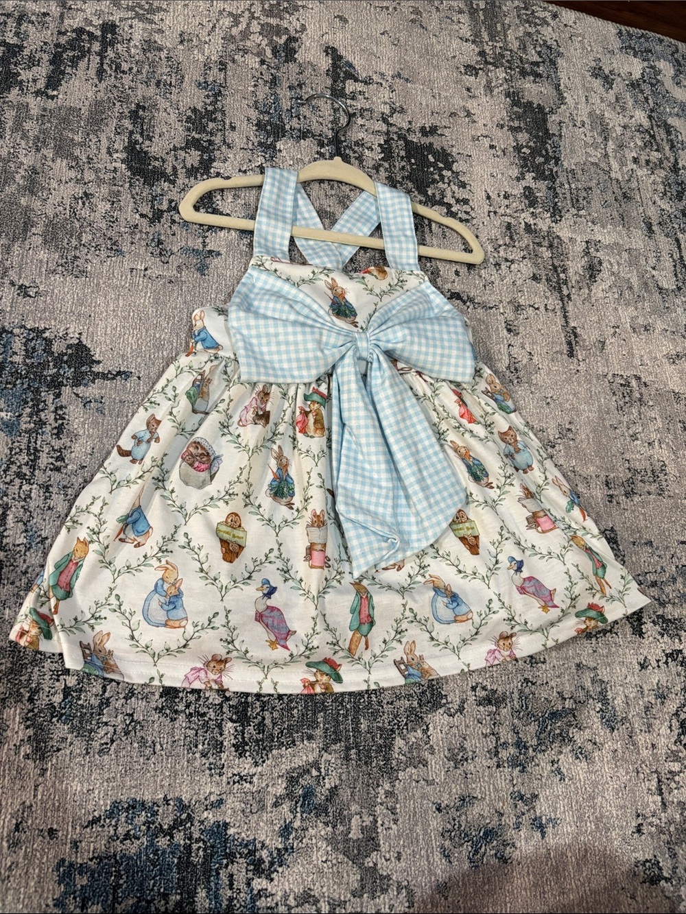 Vintage-Inspired Gingham Bow Dress with Peter Rabbit Print